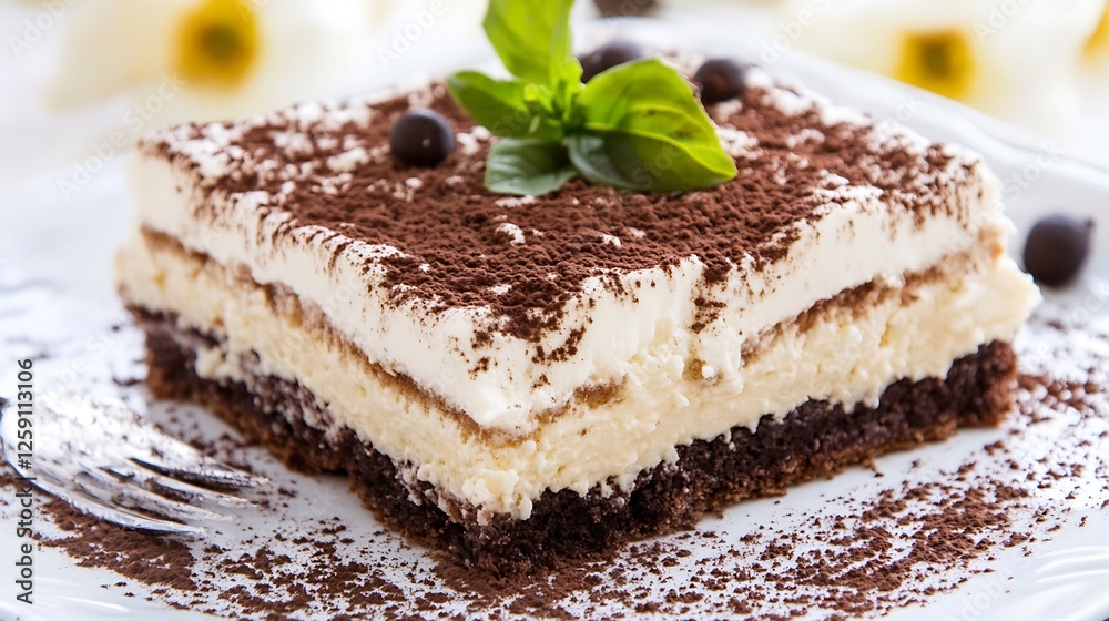 Poster delicious tiramisu dessert with layers of cream and cocoa garnished with mint leaves : generative ai
