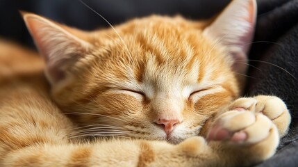 Adorable Ginger Cat Sleeping Peacefully on a Soft Blanket in a Cozy Environment : Generative AI