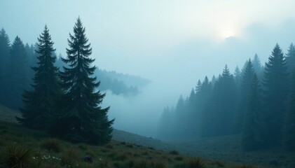 Fir trees surrounded by misty fog in a mystical forest, foggy landscape, vintage style, natural scenery