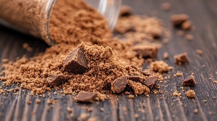 Rich Brown Sugar and Crushed Chocolate Spilled on a Rustic Wooden Surface for Delicious Baking and Cooking Ingredients : Generative AI