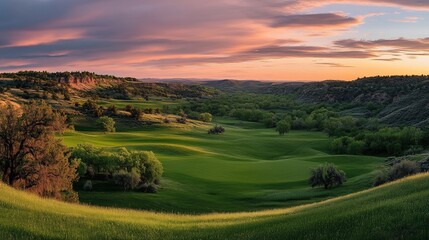 Fototapeta premium A serene rural landscape showcasing lush green rolling hills basking under a golden sunset, exuding a tranquil and picturesque atmosphere reminiscent of pastoral beauty and natural grandeur.