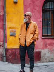 Obraz premium Stylish Man in Urban Setting: Vibrant Wall Colors with Casual Fashion Statement, Ideal for Lifestyle and Fashion Themes