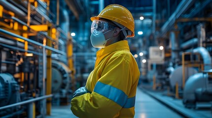 A professional worker in a yellow safety jacket and helmet stands in an industrial facility