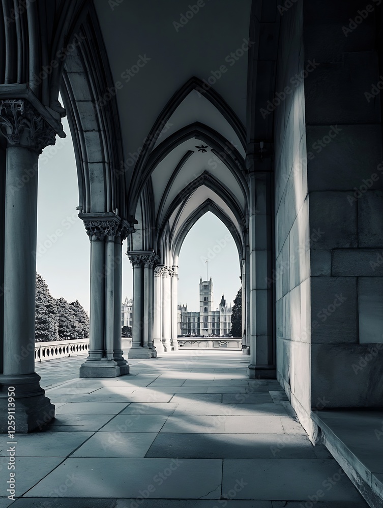 Aufkleber Gothic Architectural Columns with Arched Design Framing Iconic Building View : Generative AI