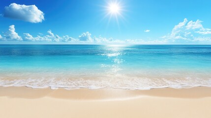 Obraz premium Sunny beach scene with turquoise water and white sand.