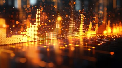 Glowing data charts rise in dark city background. Stock photo for finance, technology reports.