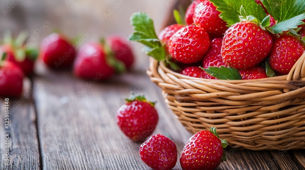 Poster freshly picked ripe strawberries in a basket displayed on rustic wooden table : generative ai