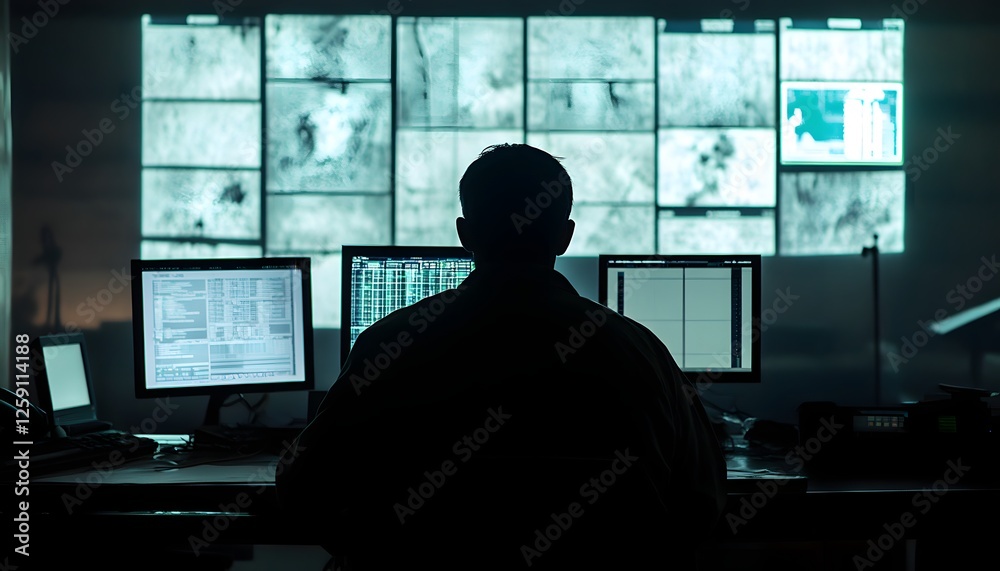 Poster a silhouette of a person seated in front of multiple computer screens displaying data and surveillan