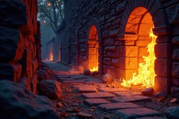 Flickering flames dance on stone walls, fire effect, stone, flames