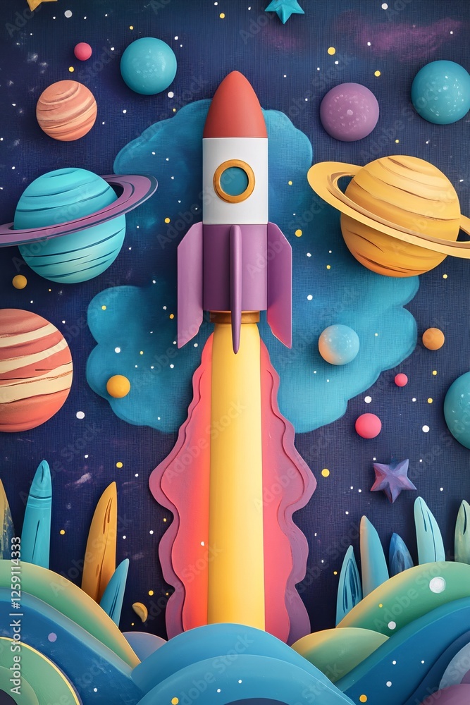 Aufkleber papercraft rocket launching from a paper landscape into a starry outer space, surrounded by planets 