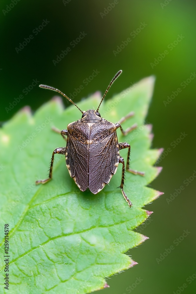 Poster Macro Image of a Brown Shield Bug on Green Leaf Nature Close Up : Generative AI