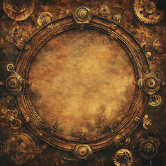 Fototapeta premium Circular Steampunk Gear Frame Brown Grunge Background