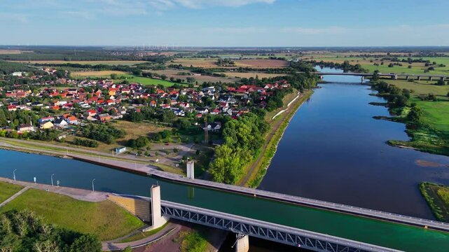 Aerial drone view Magdeburg Water Bridge the longest shipping bridge in Europe. Aqueduct Germany. High quality 4k footage