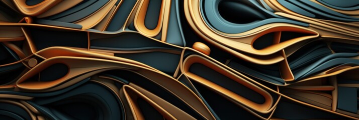 Abstract 3D Pattern with Flowing Curves: Smooth curves in gold and black, ideal for modern design projects or digital backgrounds.