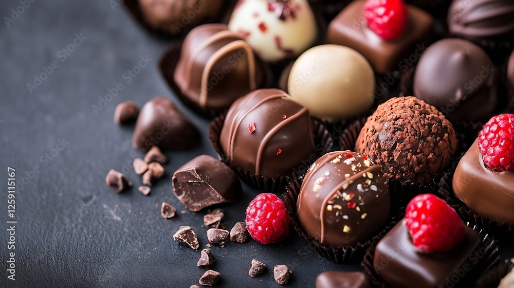 Poster decadent assortment of assorted chocolates garnished with fresh raspberries on dark surface : genera