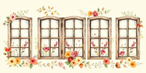Rustic Wooden Windows with Autumn Flowers Watercolor Illustration