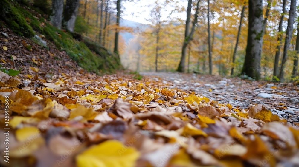 Aufkleber scenic autumn pathway covered with colorful leaves in vibrant forest : generative ai
