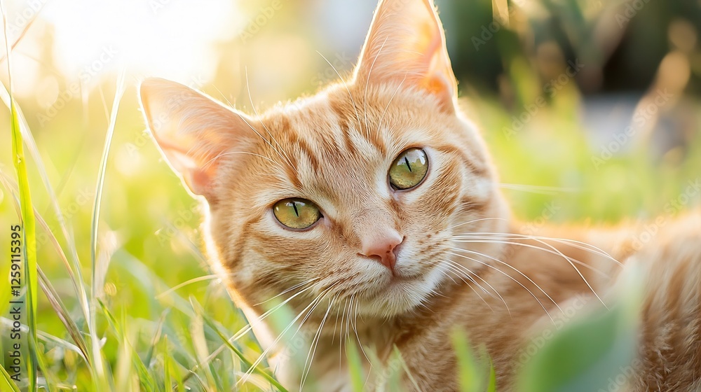 Poster close-up portrait of a playful orange tabby cat lazing in soft green grass : generative ai