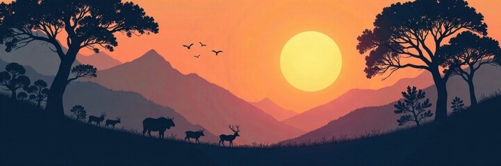 Fototapeta premium Forest landscape with silhouetted trees and wild animals roaming free, trees, animals, roam