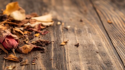 Dry Flower Petals and Leaves on Rustic Wooden Surface for Home Decor : Generative AI