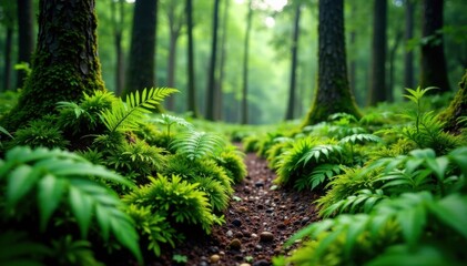 Forest floor covered in ferns and moss, natural, floral, outdoors