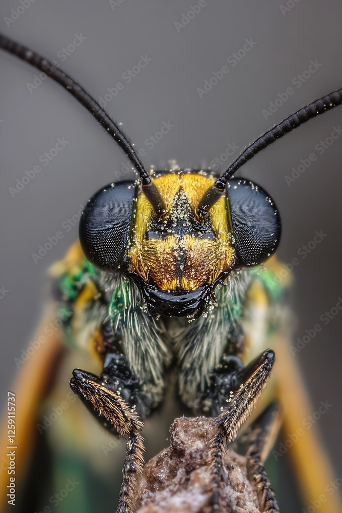 Poster close-up of a vibrant colorful bee with large eyes and detailed features on a blurred background : g