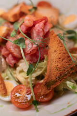 Caesar salad with bacon is mouthwatering and delicious. A beautiful perfect photo for a cafe or restaurant menu, advertisement, culinary website. Suitable for design