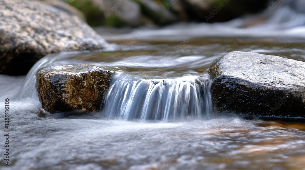 Poster crystal clear water cascading over rocks in peaceful forest stream : generative ai