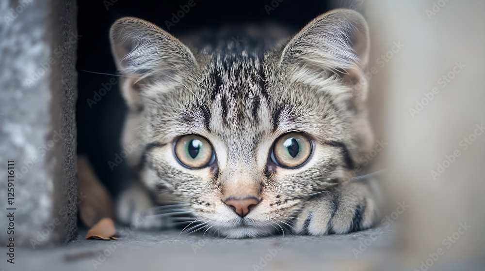 Poster cute tabby cat hiding in a dark space with big green eyes looking curious : generative ai