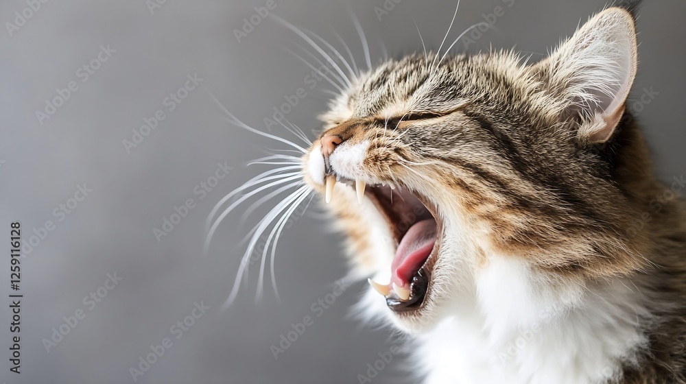 Aufkleber Sleeping cat yawning widely showing furry expression in soft close-up : Generative AI