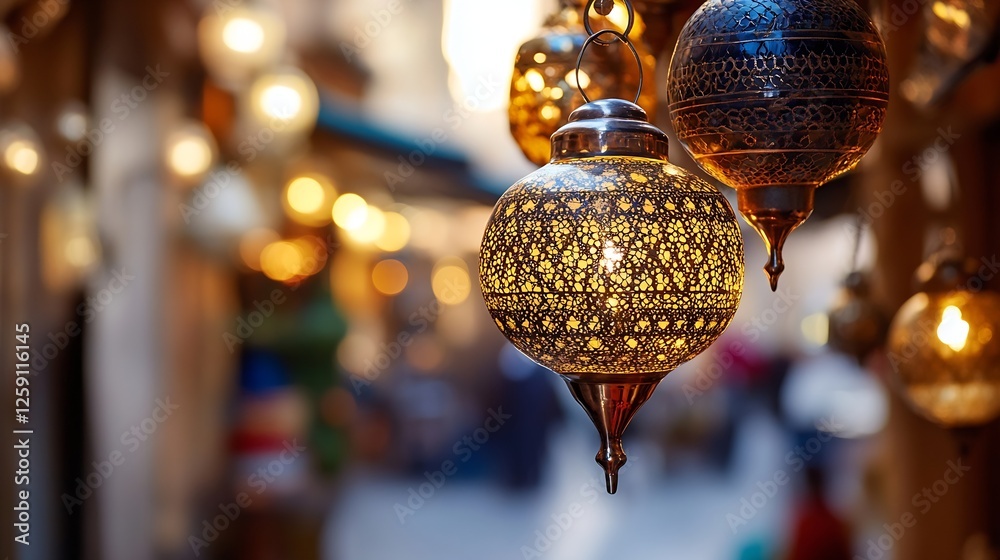 Poster intricate moroccan lanterns shining brightly in vibrant souk setting capturing exotic market ambianc