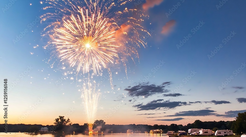 Poster Stunning fireworks display over calm lake during sunset creating a magical atmosphere : Generative AI