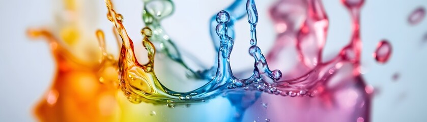 A vibrant splash of colored liquid creates a mesmerizing effect, showcasing dynamic movement and energy. The rainbow hues blend harmoniously, symbolizing creativity and freshness.