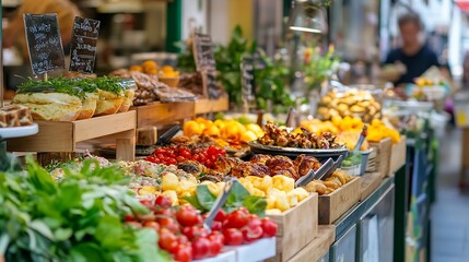 Fototapeta premium Colorful fresh produce displayed in a vibrant market stall full of fruits and vegetables : Generative AI