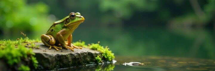 Frog standing on a mossy stone by the pond, wetland, moss, outdoor scenery