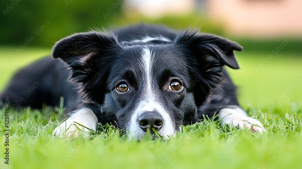 Aufkleber adorable black and white dog resting on green grass with expressive eyes showcasing calm and playful