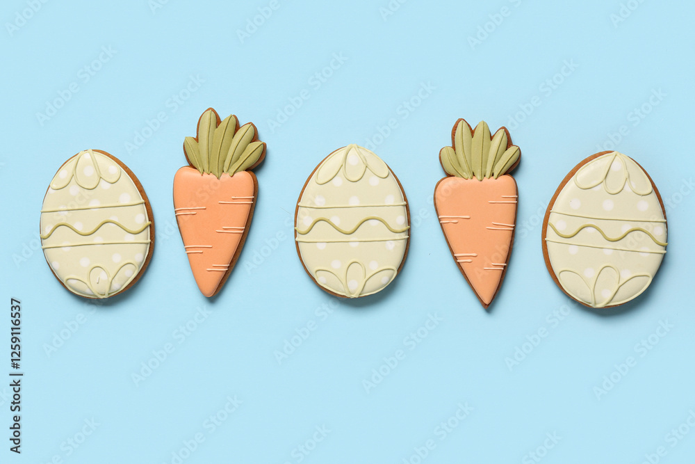 Canvas Prints Composition with Easter cookies in shape of carrots and eggs on blue background