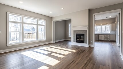 Bright and Airy Living Room Interior with Large Windows and Fireplace : Generative AI