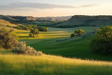 Obraz premium A serene rural landscape showcasing lush green rolling hills basking under a golden sunset, exuding a tranquil and picturesque atmosphere reminiscent of pastoral beauty and natural grandeur.