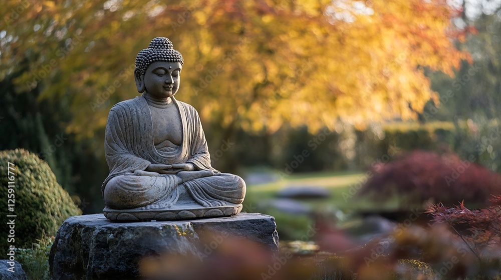 Poster calm and serene stone buddha surrounded by colorful autumn foliage in a garden setting : generative 