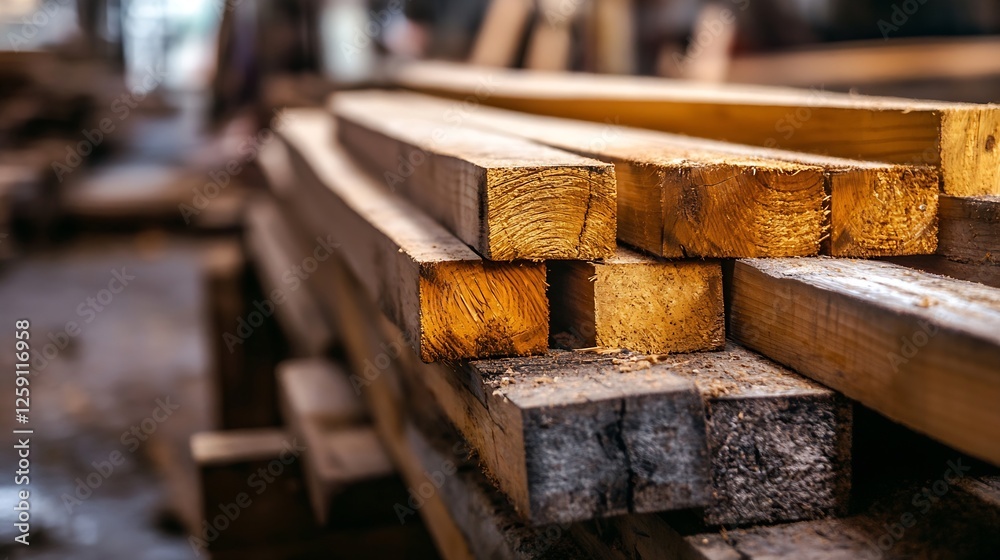 Aufkleber stacks of wooden planks in rustic workshop depicting craftsmanship and quality wood : generative ai