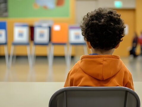 A young child seated at a table, watching a voting process. The scene conveys themes of participation, democracy, and the innocence of childhood amidst civic engagement.