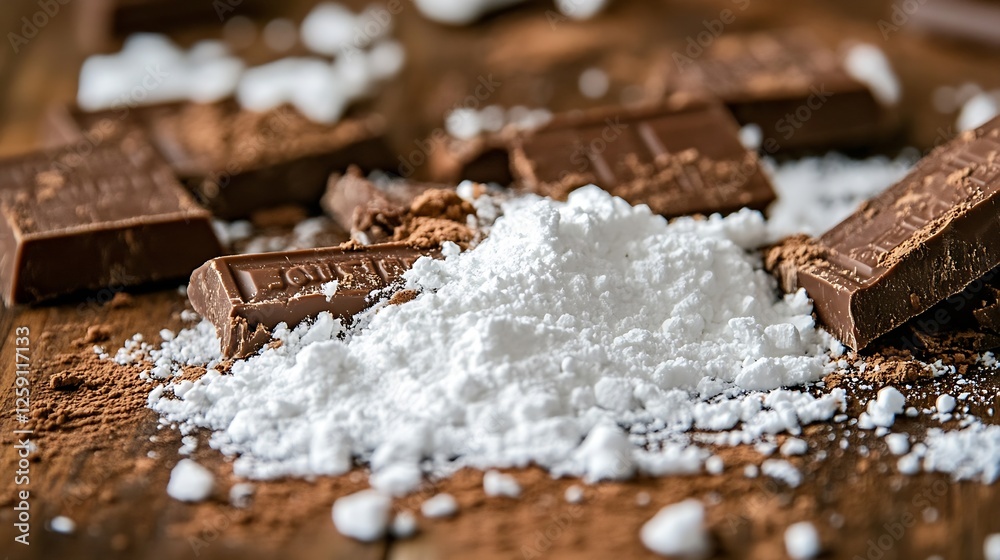Poster Delicious chocolate bars with cocoa powder and chunks scattered on rustic wooden surface : Generative AI