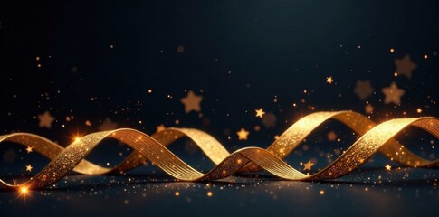 Naklejka premium Golden swirl ribbons and twinkling stars on dark black, Twinkling Stars, Golden Ribbons, Festive Banners