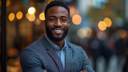 Fototapeta premium A confident man in a gray blazer smiling warmly with arms crossed in an urban setting, surrounded by beautiful bokeh lights