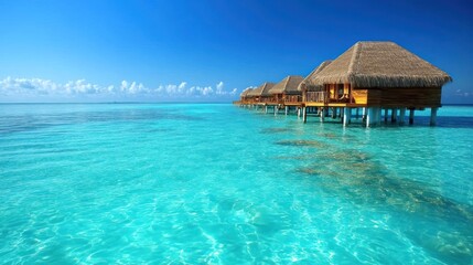 Overwater bungalows line a turquoise tropical ocean