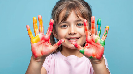 little girl 10 years old with his hands painted in bright, focus on hands, varied colors, isolated against a gentle pastel blue background. for commercial use