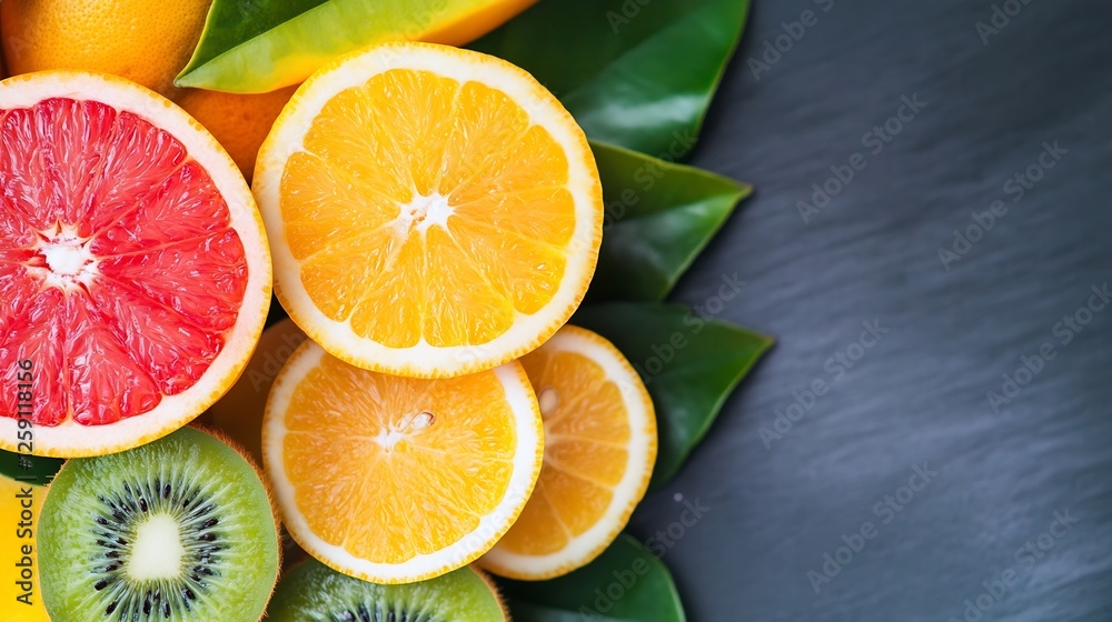 Poster Assorted Fresh Fruits Including Grapefruit Orange and Kiwi on Slate : Generative AI
