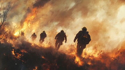 Brave firefighters battle a fierce wildfire, showcasing determination and courage against towering flames in a dramatic landscape. A powerful reminder of nature's challenges.