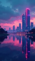 Fototapeta premium Futuristic cityscape at dusk with skyscrapers and neon lights reflected in a serene lake, cityscape, neon